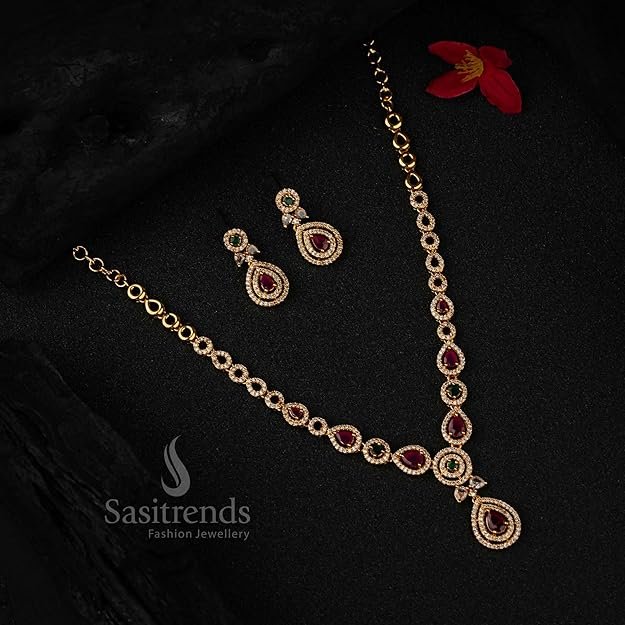 Sasitrends Traditional Micro Gold Plated Multi Color AD American Diamond Jewellery Necklace Jewellery Set for Women and Girls - Image 4