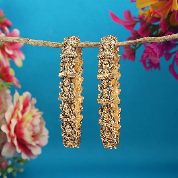 CUTE GOLD One Gram Gold Plated Traditional Antique Temple Stone Bangles for Women and Girls (4044) - Image 3