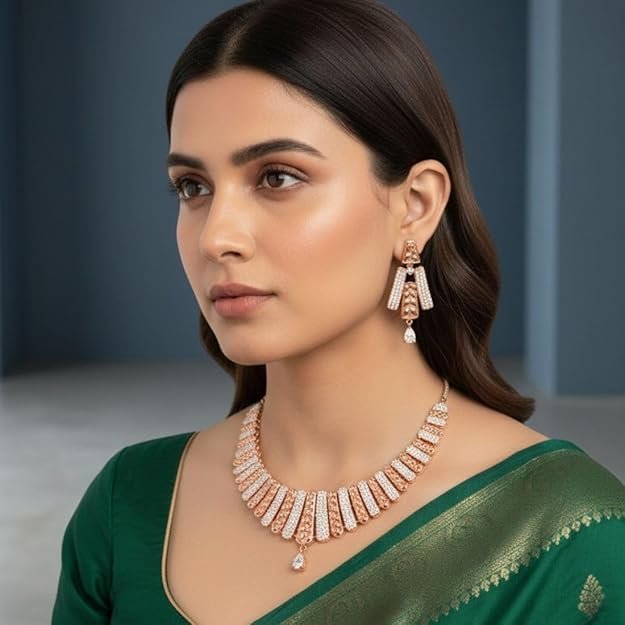 Nilu’s Collection Rose Gold Plated American Diamond Necklace & Earrings Set For Women | Anti-Tranish | Anti Allergy | Latest Fashion Jewellery Accessories for Girls | Minimal Jewelry | Ideal for Gifting - Image 2