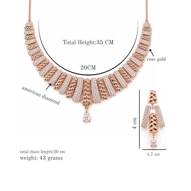 Nilu’s Collection Rose Gold Plated American Diamond Necklace & Earrings Set For Women | Anti-Tranish | Anti Allergy | Latest Fashion Jewellery Accessories for Girls | Minimal Jewelry | Ideal for Gifting - Image 3