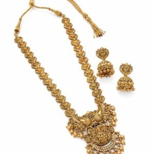 South Indian Traditional Antique Matte Gold Finish Goddess Lakshmi & Peacock Motif Long Necklace Set with Jhumka Earrings for Women | Ethnic Temple Jewellery for Weddings, Brides & Festivals