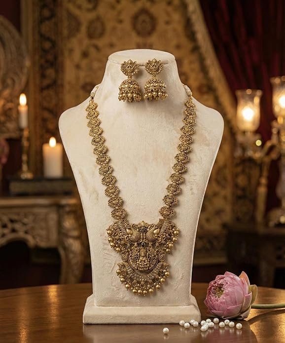 South Indian Traditional Antique Matte Gold Finish Goddess Lakshmi & Peacock Motif Long Necklace Set with Jhumka Earrings for Women | Ethnic Temple Jewellery for Weddings, Brides & Festivals - Image 2