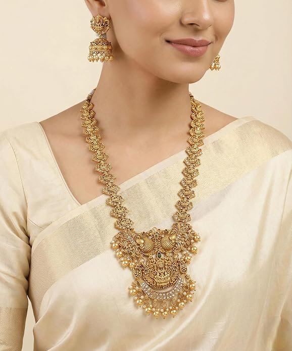 South Indian Traditional Antique Matte Gold Finish Goddess Lakshmi & Peacock Motif Long Necklace Set with Jhumka Earrings for Women | Ethnic Temple Jewellery for Weddings, Brides & Festivals - Image 3