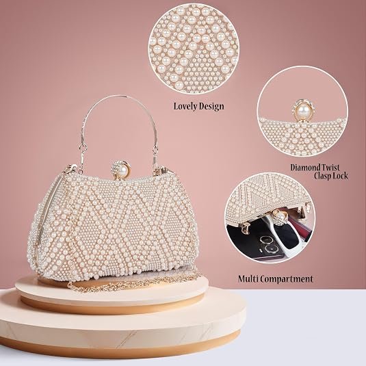 Lady Quinton Pearl and Rhinestone Evening Clutch Bag, Bridal Party Handbag with Chain Strap - Image 2