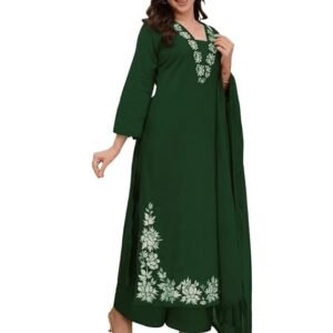 ANNI Designer Pure Cotton Embroidered Kurta Set for Women | Rust Orange Kurta with Pants & Dupatta | Floral Neck & Hem Embroidery | Cotton Kurta Set for Women | 10 Colour Options Available