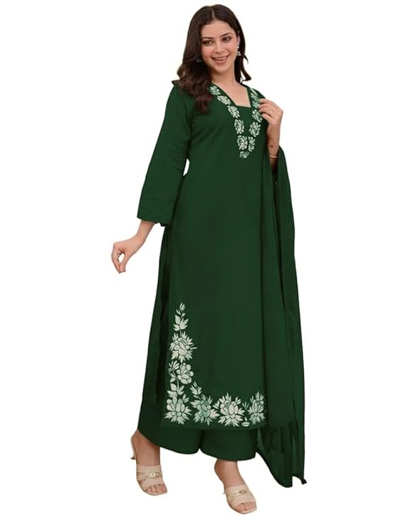 ANNI Designer Pure Cotton Embroidered Kurta Set for Women | Rust Orange Kurta with Pants & Dupatta | Floral Neck & Hem Embroidery | Cotton Kurta Set for Women | 10 Colour Options Available