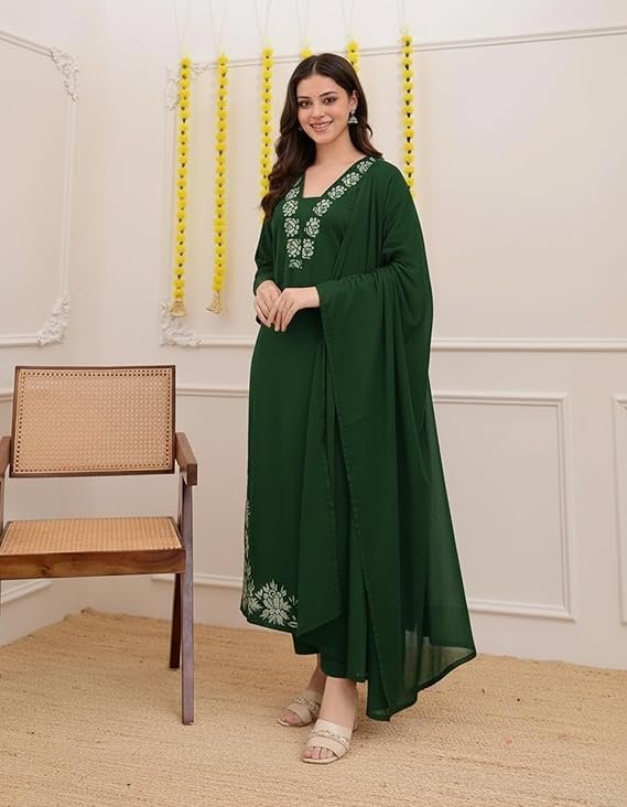 ANNI Designer Pure Cotton Embroidered Kurta Set for Women | Rust Orange Kurta with Pants & Dupatta | Floral Neck & Hem Embroidery | Cotton Kurta Set for Women | 10 Colour Options Available - Image 3