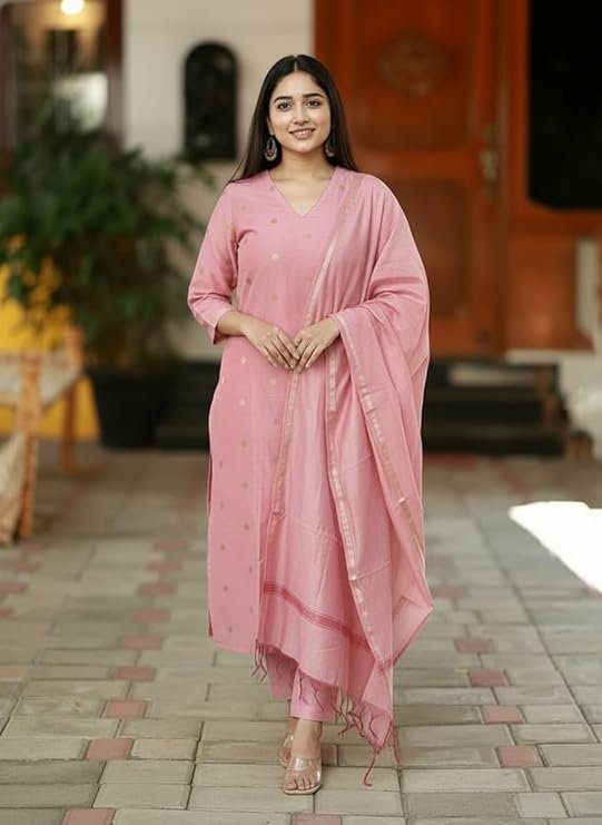 GoSriKi Kurta Sets for Women Rayon Viscose Printed | Kurta Pant Dupatta Set | Straight Kurti Set | V Neck 3/4 Sleeve Ethnic Outfit | Designer Indian Kurti Clothing with Pants Dupatta - Image 3