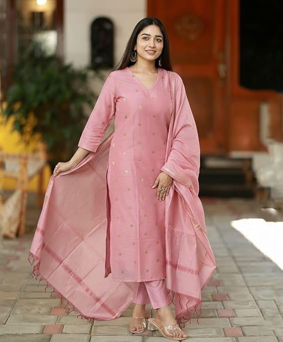 GoSriKi Kurta Sets for Women Rayon Viscose Printed | Kurta Pant Dupatta Set | Straight Kurti Set | V Neck 3/4 Sleeve Ethnic Outfit | Designer Indian Kurti Clothing with Pants Dupatta