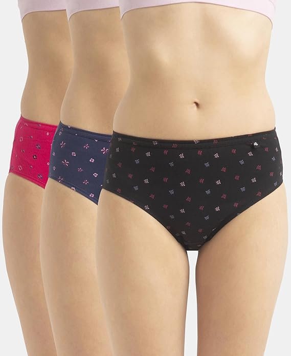 Jockey 1406 Women's High Coverage Super Combed Cotton Mid Waist Hipster with Concealed Waistband and Stay Fresh Treatment (Pack of 3_Colors & Prints May Vary)