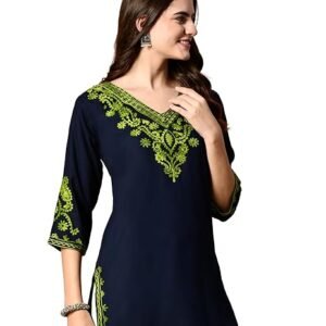 Visit the LIBOZA Store LIBOZA Embroidered Kashmiri Tunic Top, Short Kurti for Women on Jeans, V-Neck, 3/4 Sleeve, Floral Design,