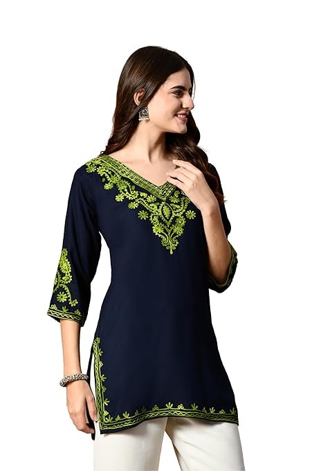 Visit the LIBOZA Store LIBOZA Embroidered Kashmiri Tunic Top, Short Kurti for Women on Jeans, V-Neck, 3/4 Sleeve, Floral Design,