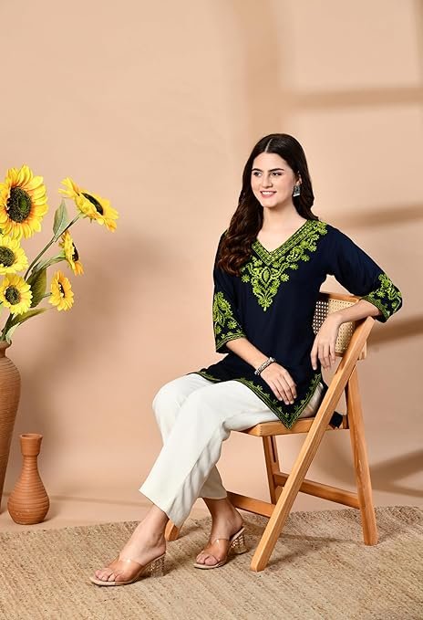 Visit the LIBOZA Store LIBOZA Embroidered Kashmiri Tunic Top, Short Kurti for Women on Jeans, V-Neck, 3/4 Sleeve, Floral Design, - Image 3