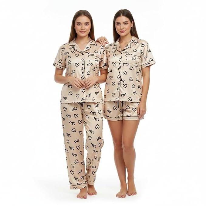 Brand: INFINITIVE INFINITIVE Women Printed Silk-Blend Night Suit Set | 3-Piece Night Dress Set (Shirt,Pajama & Shorts)| Soft & Breathable Women Night Suit Pajama Set | Nightwear, Sleepwear & Loungewear for Ladies M–XXL