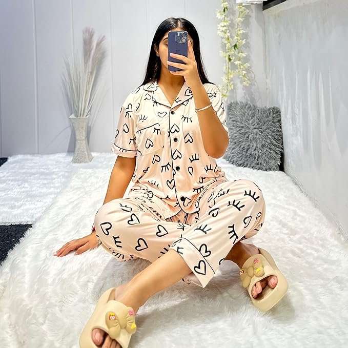 Brand: INFINITIVE INFINITIVE Women Printed Silk-Blend Night Suit Set | 3-Piece Night Dress Set (Shirt,Pajama & Shorts)| Soft & Breathable Women Night Suit Pajama Set | Nightwear, Sleepwear & Loungewear for Ladies M–XXL - Image 3
