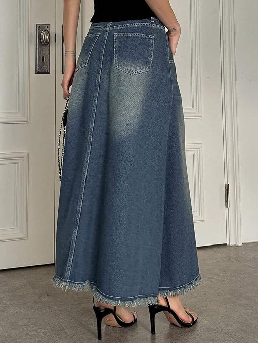 GRECIILOOKS Women's High Waist White Denim Skirt with Front Slit – Long Maxi Jean Skirt Casual Fashion – Stylish Denim Skirts for Women - Image 2