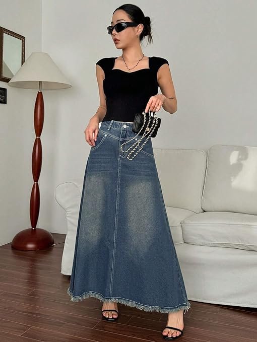 GRECIILOOKS Women's High Waist White Denim Skirt with Front Slit – Long Maxi Jean Skirt Casual Fashion – Stylish Denim Skirts for Women - Image 3