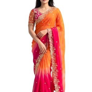 Amazon Brand - Tavasya Fancy Fendy Satin Silk Saree with Multi Sequence Embroidery Work | Heavy Embroidered Wedding Party look Saree with Running Blouse Piece