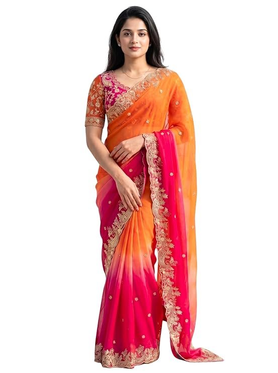Amazon Brand - Tavasya Fancy Fendy Satin Silk Saree with Multi Sequence Embroidery Work | Heavy Embroidered Wedding Party look Saree with Running Blouse Piece