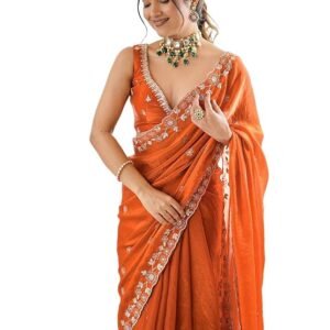 Satrani Women's Tissue Silk Scalloped Border Sequins Embroidery Saree with Unstitched Blouse Piece